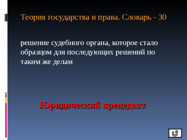 Теория государства и права. Словарь - 30   решение судебного органа, которое стало образцом для последующих решений по таким же делам Юридический прецедент 