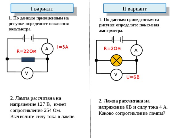 I вариант II вариант 1. По данным приведенным на рисунке определите показания вольтметра. 1. По данным приведенным на рисунке определите показания амперметра. I=5A А R=2Ом А R=22Ом V V U=6B 2. Лампа рассчитана на напряжение 127 В, имеет сопротивление 254 Ом. Вычислите силу тока в лампе. 2. Лампа рассчитана на напряжение 6В и силу тока 4 А. Каково сопротивление лампы? 