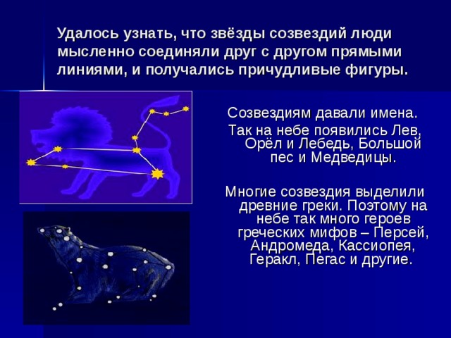 Удалось узнать, что звёзды созвездий люди мысленно соединяли друг с другом прямыми линиями, и получались причудливые фигуры. Созвездиям давали имена. Так на небе появились Лев, Орёл и Лебедь, Большой пес и Медведицы. Многие созвездия выделили древние греки. Поэтому на небе так много героев греческих мифов – Персей, Андромеда, Кассиопея, Геракл, Пегас и другие. 