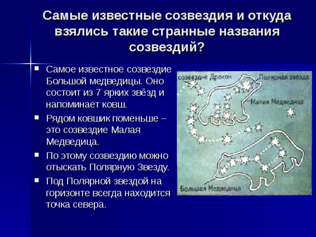 Самые известные созвездия и откуда взялись такие странные названия созвездий? Самое известное созвездие Большой медведицы. Оно состоит из 7 ярких звёзд и напоминает ковш. Рядом ковшик поменьше – это созвездие Малая Медведица. По этому созвездию можно отыскать Полярную Звезду. Под Полярной звездой на горизонте всегда находится точка севера. 