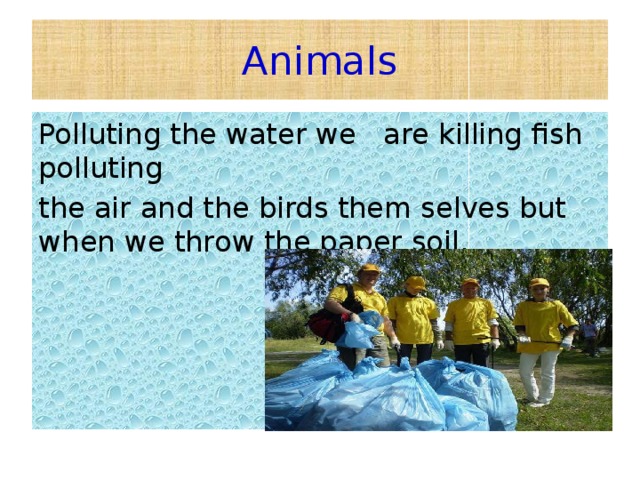 Animals Polluting the water we are killing fish polluting the air and the birds them selves but when we throw the paper soil. 