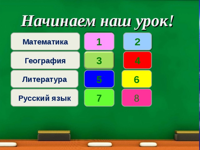 Начинаем наш урок! Математика 1 2 География 4 3 Литература 5 6 Русский язык 7 8 