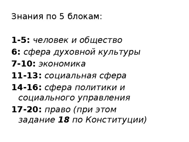 Знания по 5 блокам:   1-5:  человек и общество 6:  сфера духовной культуры 7-10:  экономика 11-13:  социальная сфера 14-16:  сфера политики и социального управления 17-20:  право (при этом задание  18  по Конституции) 
