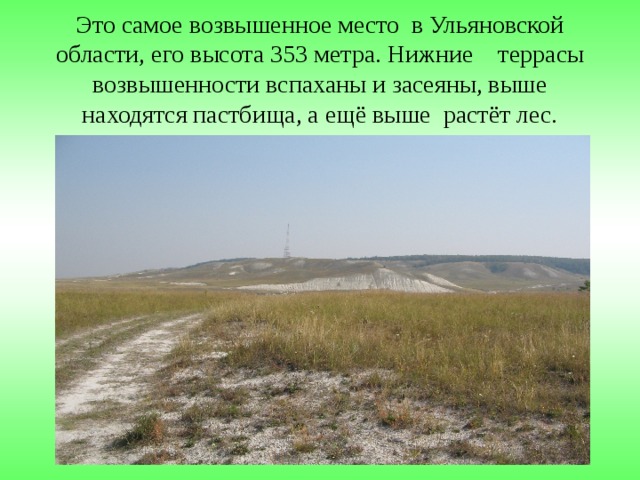 Это самое возвышенное место в Ульяновской области, его высота 353 метра. Нижние террасы возвышенности вспаханы и засеяны, выше находятся пастбища, а ещё выше растёт лес.   