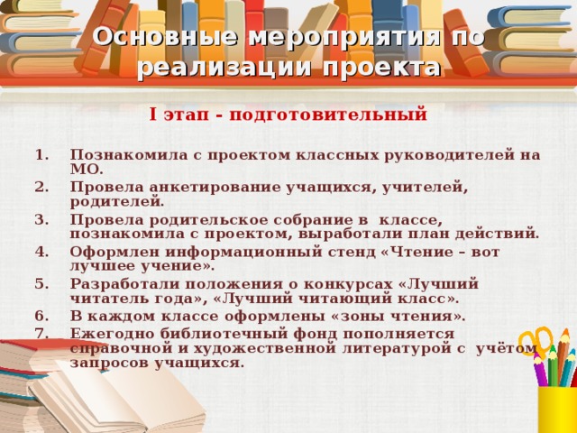 Основные мероприятия по реализации проекта I этап - подготовительный Познакомила с проектом классных руководителей на МО. Провела анкетирование учащихся, учителей, родителей. Провела родительское собрание в классе, познакомила с проектом, выработали план действий. Оформлен информационный стенд «Чтение – вот лучшее учение». Разработали положения о конкурсах «Лучший читатель года», «Лучший читающий класс». В каждом классе оформлены «зоны чтения». Ежегодно библиотечный фонд пополняется справочной и художественной литературой с учётом запросов учащихся. 