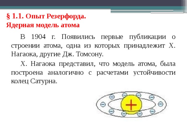 § 1.1. Опыт Резерфорда. Ядерная модель атома В 1904 г. Появились первые публикации о строении атома, одна из которых принадлежит Х. Нагаока, другие Дж. Томсону. Х. Нагаока представил, что модель атома, была построена аналогично с расчетами устойчивости колец Сатурна. 