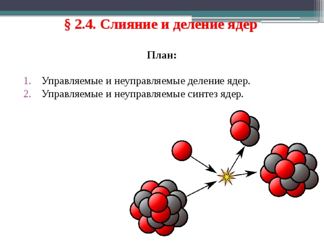 § 2.4. Слияние и деление ядер  План: Управляемые и неуправляемые деление ядер. Управляемые и неуправляемые синтез ядер. 