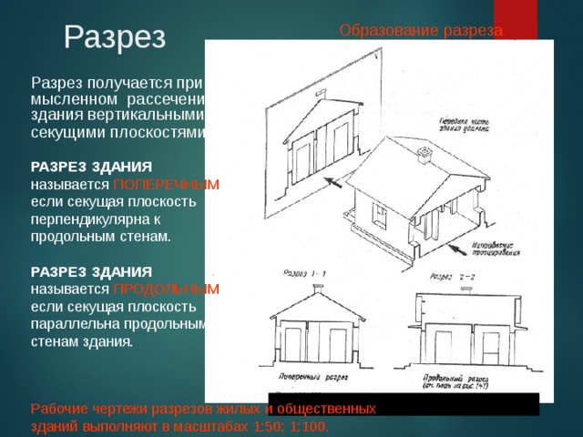 Разрез получается. Продольный и поперечный план здания. Продольный и поперечный разрез здания. Образование разреза здания. Секущая плоскость на чертеже здания.