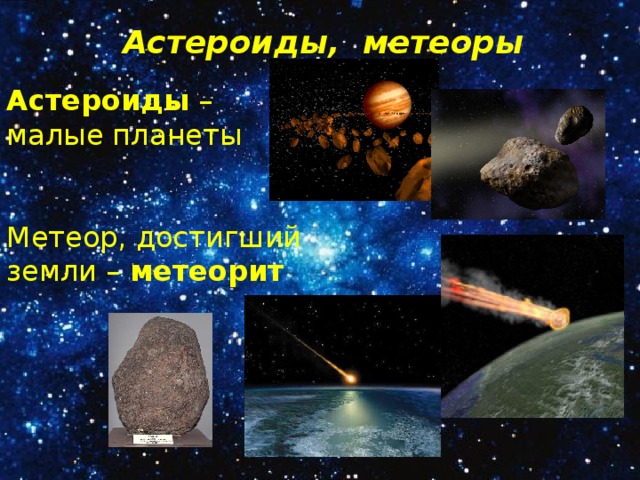 Астероиды, метеоры Астероиды – малые планеты Метеор, достигший земли – метеорит 