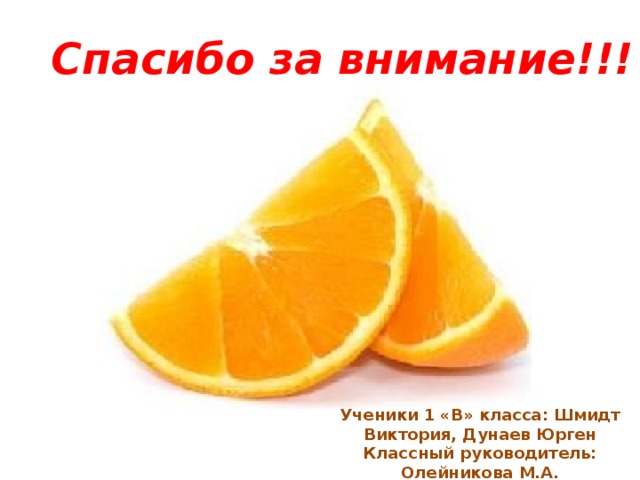 Спасибо за внимание!!! Ученики 1 «В» класса: Шмидт Виктория, Дунаев Юрген Классный руководитель: Олейникова М.А. 