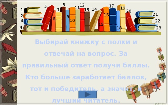 8 12 17 5 11 19 14 13 7 1 20 21 16 2 9 6 3 10 22 15 4 18 23 Выбирай книжку с полки и отвечай на вопрос. За правильный ответ получи баллы. Кто больше заработает баллов, тот и победитель, а значит, и лучший читатель. 