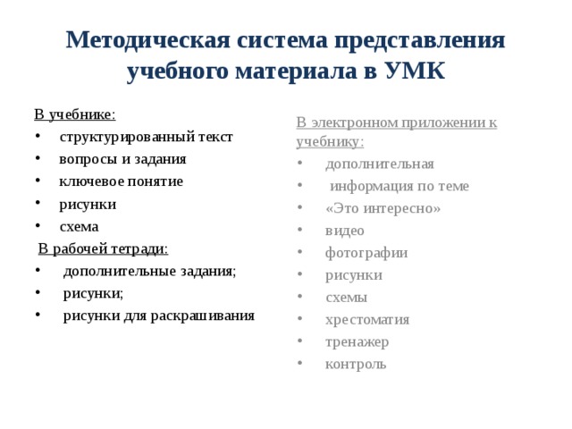 Методическая система представления учебного материала в УМК В учебнике: В электронном приложении к учебнику:  структурированный текст  вопросы и задания  ключевое понятие  рисунки  схема  дополнительная  информация по теме  «Это интересно»  видео  фотографии  рисунки  схемы  хрестоматия  тренажер  контроль  В рабочей тетради:  дополнительные задания;  рисунки;  рисунки для раскрашивания 