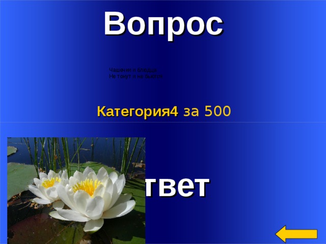 Вопрос Чашечки и блюдца  Не тонут и не бьются Категория4  за 500 Ответ Welcome to Power Jeopardy   © Don Link, Indian Creek School, 2004 You can easily customize this template to create your own Jeopardy game. Simply follow the step-by-step instructions that appear on Slides 1-3. 2 