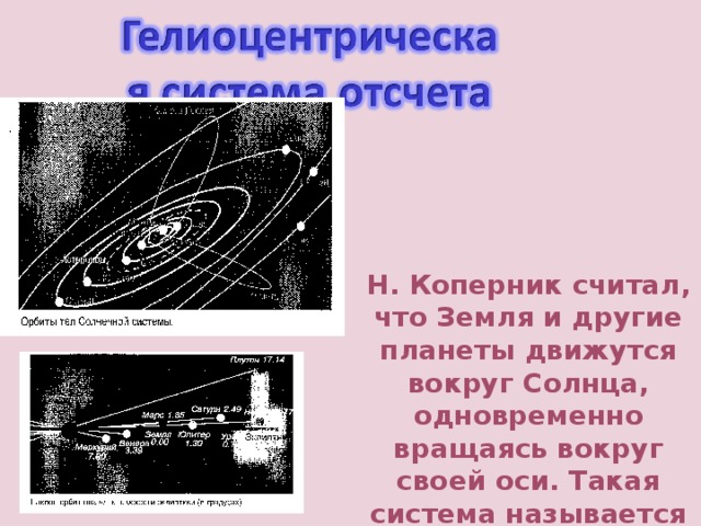 Н. Коперник считал, что Земля и другие планеты движутся вокруг Солнца, одновременно вращаясь вокруг своей оси. Такая система называется  гелиоцентрической. 