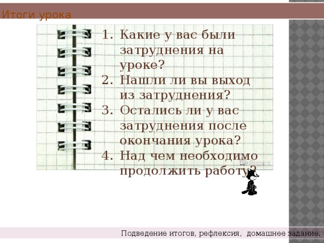 Итоги урока Какие у вас были затруднения на уроке? Нашли ли вы выход из затруднения? Остались ли у вас затруднения после окончания урока? Над чем необходимо продолжить работу? Подведение итогов, рефлексия,  домашнее задание. 