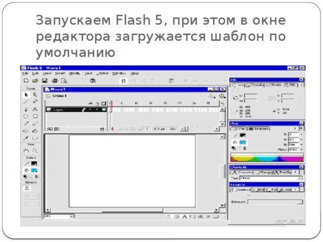 Запускаем Flash 5, при этом в окне редактора загружается шаблон по умолчанию 