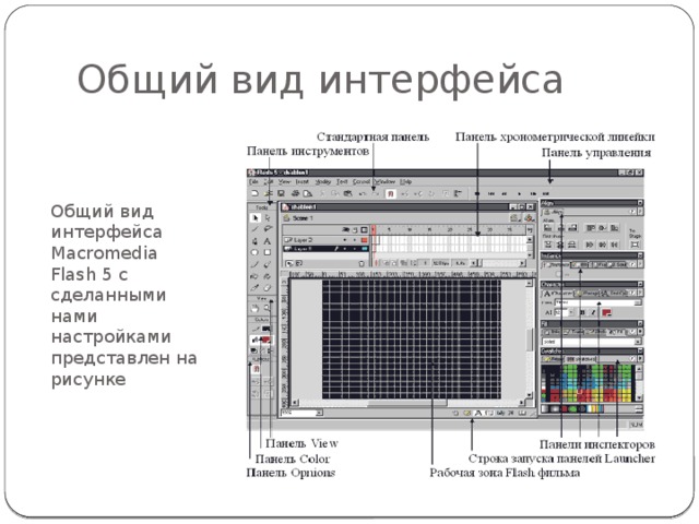 Общий вид интерфейса Общий вид интерфейса Macromedia Flash 5 с сделанными нами настройками представлен на рисунке 