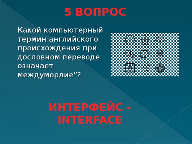 Какой компьютерный термин английского происхождения при дословном переводе означает междумордие