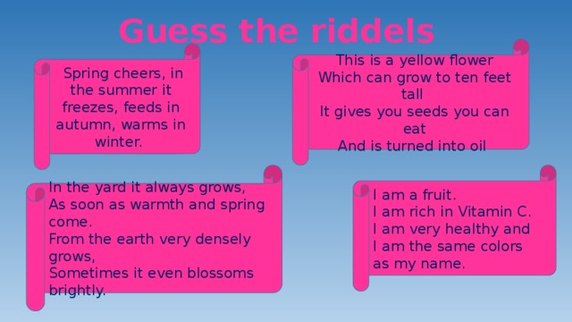 Guess the riddels This is a yellow flower  Which can grow to ten feet tall  It gives you seeds you can eat  And is turned into oil  Spring cheers, in the summer it freezes, feeds in autumn, warms in winter. In the yard it always grows, I am a fruit. As soon as warmth and spring come. I am rich in Vitamin C. From the earth very densely grows, I am very healthy and Sometimes it even blossoms brightly. I am the same colors as my name. 