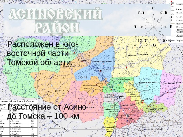 Расположен в юго-восточной части Томской области. Расстояние от Асино до Томска – 100 км 