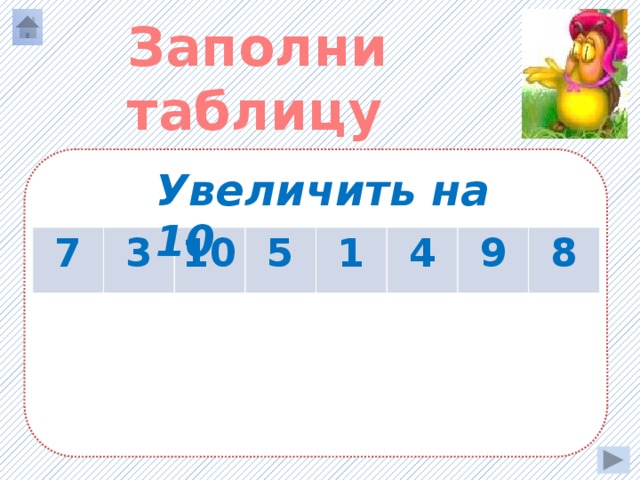 Заполни таблицу Увеличить на 10 7 3 17 10 13 5 20 1 15 4 11 9 14 8 19 18 