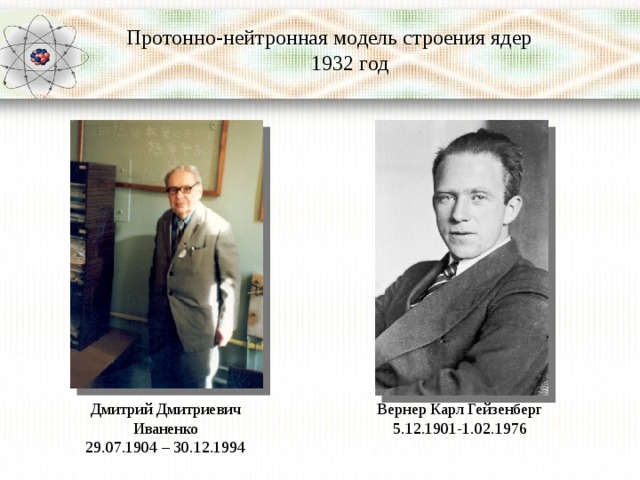 Протонно-нейтронная модель строения ядер 1932 год Дмитрий Дмитриевич Вернер Карл Гейзенберг Иваненко 5.12.1901-1.02.1976 29.07.1904 – 30.12.1994 