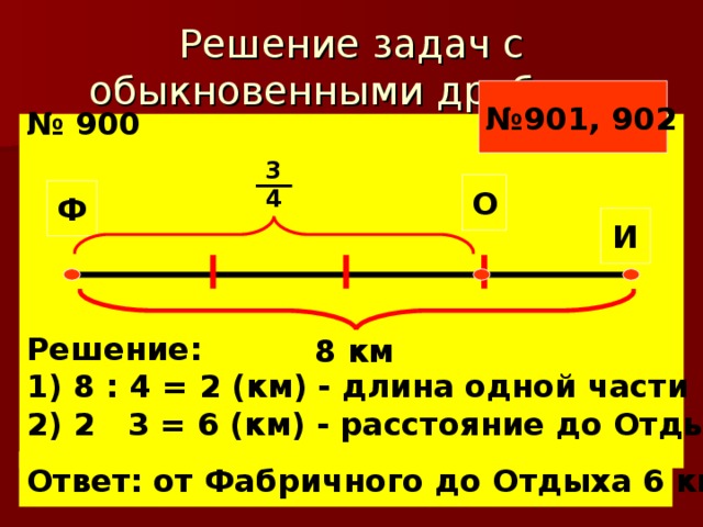 Решение задач с обыкновенными дробями № 901, 902 № 900 Решение:  8 : 4 = 2 (км) - длина одной части 2) 2 3 = 6 (км) - расстояние до Отдыха 3 4 О Ф И 8 км Ответ: от Фабричного до Отдыха 6 км 