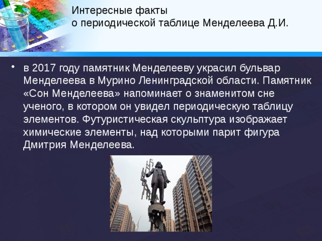 Интересные факты  о периодической таблице Менделеева Д.И.   Памятник Менделееву и его таблице есть в Словакии. Находится он перед химическим факультетом Словацкого технологического университета в Братиславе. 