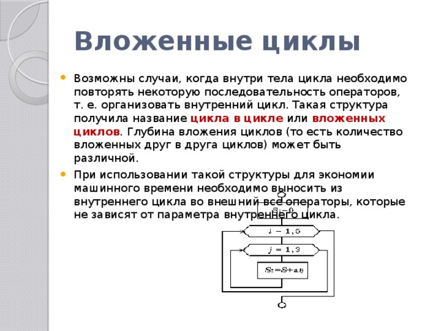 Вложенные циклы Возможны случаи, когда внутри тела цикла необходимо повторять некоторую последовательность операторов, т. е. организовать внутренний цикл. Такая структура получила название цикла в цикле  или вложенных циклов . Глубина вложения циклов (то есть количество вложенных друг в друга циклов) может быть различной. При использовании такой структуры для экономии машинного времени необходимо выносить из внутреннего цикла во внешний все операторы, которые не зависят от параметра внутреннего цикла. 