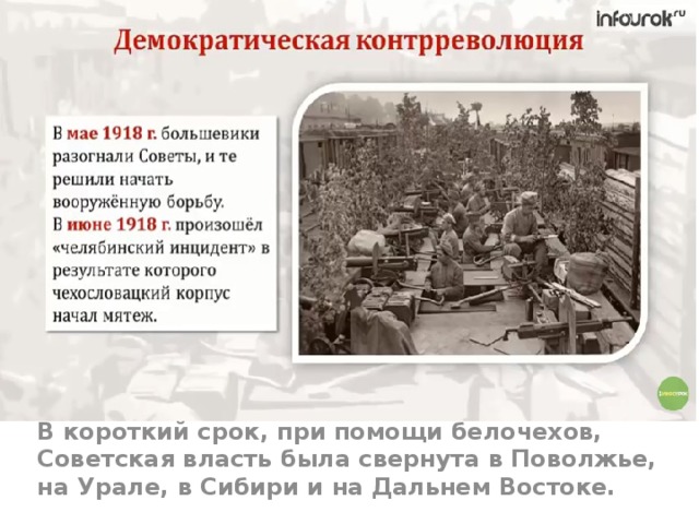 В короткий срок, при помощи белочехов, Советская власть была свернута в Поволжье, на Урале, в Сибири и на Дальнем Востоке. 