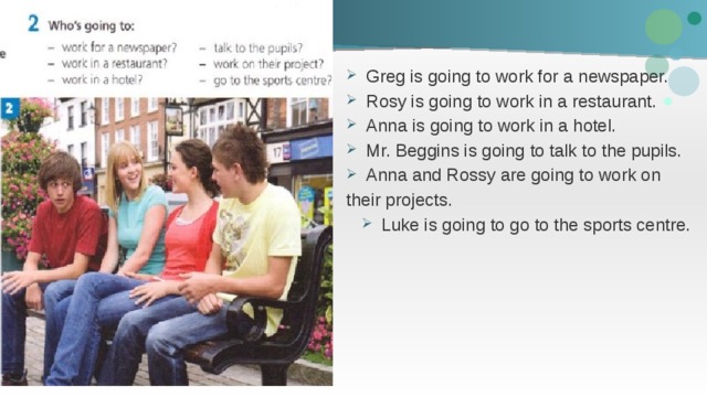 Greg is going to work for a newspaper. Rosy is going to work in a restaurant. Anna is going to work in a hotel. Mr. Beggins is going to talk to the pupils. Anna and Rossy are going to work on their projects. Luke is going to go to the sports centre. 