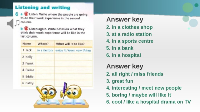 Answer key 2. in a clothes shop 3. at a radio station 4. in a sports centre 5. in a bank 6. in a hospital Answer key 2. all right / miss friends 3. great fun 4. interesting / meet new people 5. boring / maybe will like it 6. cool / like a hospital drama on TV 