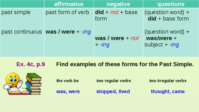 affirmative past simple negative past form of verb did + not + base questions form past continuous (question word) + was / were + - ing  did + base form was / were + not + - ing (question word) +  was/were + subject + - ing Ex. 4c, p.9 Find examples of these forms for the Past Simple. the verb be two regular verbs two irregular verbs thought, came was, were stopped, lived 