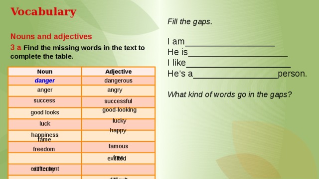 Complete the gaps with the right comparative. Passion adjective. Adjectives of Happiness. Danger adjective.