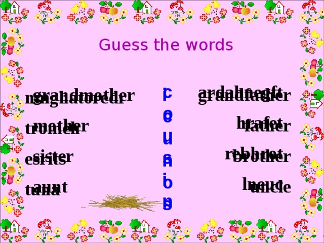 Guess the words c ardahnegft o hrafet rebhrot u lneuc s i n grandmother grandfather i father mother c brother sister u n aunt uncle o s nmghatoredr tromeh esrits tuna 
