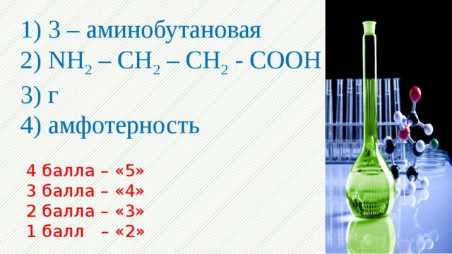 1) 3 – аминобутановая  2) NH 2 – CH 2 – CH 2 - COOH 3) г  4) амфотерность 4 балла – «5» 3 балла – «4» 2 балла – «3» 1 балл – «2» 