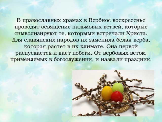 В православных храмах в Вербное воскресенье проводят освящение пальмовых ветвей, которые символизируют те, которыми встречали Христа. Для славянских народов их заменила белая верба, которая растет в их климате. Она первой распускается и дает побеги. От вербовых веток, применяемых в богослужении, и назвали праздник. 