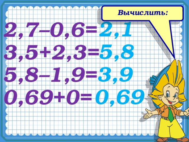 Вычислить: 2,1 2,7–0,6= 5,8 3,5+2,3= 3,9 5,8 –1,9= 0,69 0,69+0= 