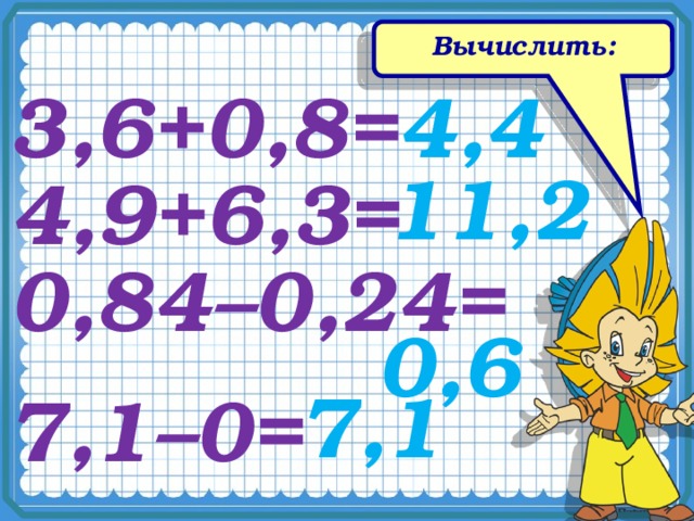 Вычислить: 3,6+0,8= 4,4 11,2 4,9+6,3= 0,84 –0,24= 0,6 7,1 7,1 –0= 