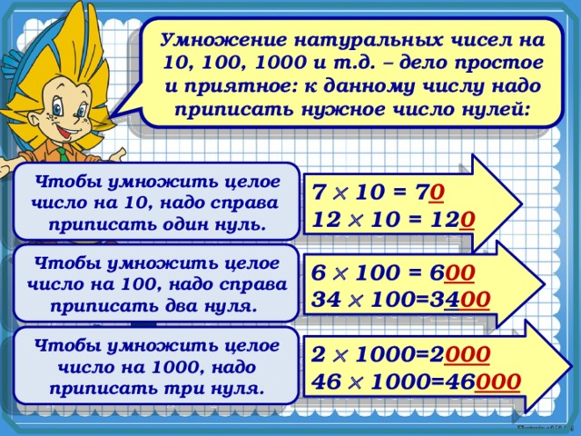 Умножение натуральных чисел на 10, 100, 1000 и т.д. – дело простое и приятное: к данному числу надо приписать нужное число нулей: 7  10 = 7 0 12  10 = 12 0 Чтобы умножить целое число на 10, надо справа  приписать один нуль. 6  100 = 6 00 34  100=3 4 00 Чтобы умножить целое число на 100, надо справа приписать два нуля. 2  1000=2 000 46  1000=46 000 Чтобы умножить целое число на 1000, надо приписать три нуля. 