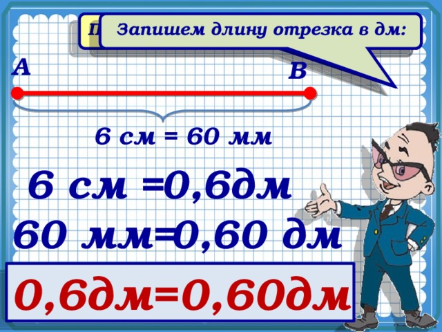 Пусть длина отрезка равна 6 см: Запишем длину отрезка в дм: А В 6 см = 60 мм 6 см = 0,6дм 60 мм= 0,60 дм 0,6дм=0,60дм