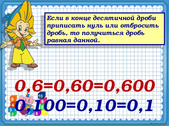 Если в конце десятичной дроби приписать нуль или отбросить дробь, то получиться дробь равная данной. 0,6=0,60=0,600 0,100=0,10=0,1