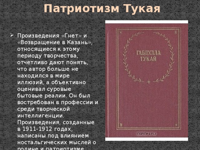  Патриотизм Тукая Произведения «Гнет» и «Возвращение в Казань», относящиеся к этому периоду творчества, отчетливо дают понять, что автор больше не находился в мире иллюзий, а объективно оценивал суровые бытовые реалии. Он был востребован в профессии и среди творческой интеллигенции. Произведения, созданные в 1911-1912 годах, написаны под влиянием ностальгических мыслей о родине и патриотизме. 