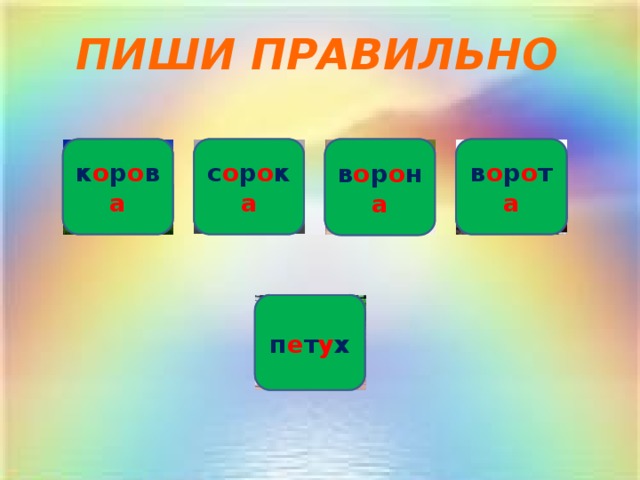 ПИШИ ПРАВИЛЬНО к о р о в а  в о р о т а   с о р о к а    в о р о н а    п е т у х  
