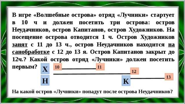 В игре «Волшебные острова» отряд «Лучники» стартует в 10 ч и должен посетить три острова: остров Неудачников, остров Капитанов, остров Художников. На посещение острова отводится 1 ч. Остров Художников занят с 11 до 13 ч., остров Неудачников находится на санобработке с 12 до 13 я. Остров Капитанов закрыт до 12ч.? Какой остров отряд «Лучники» должен посетить первым? Х 10 11 12 13 Н К На какой остров «Лучники» попадут после острова Неудачников? 