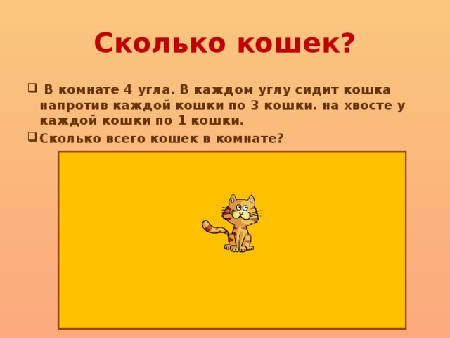 Сколько кошек?  В комнате 4 угла. В каждом углу сидит кошка напротив каждой кошки по 3 кошки. на хвосте у каждой кошки по 1 кошки. Сколько всего кошек в комнате? 