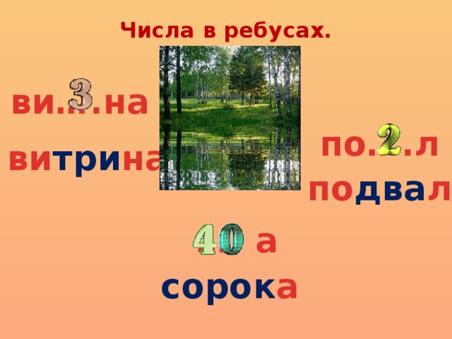 Числа в ребусах.   ви….на по….л ви три на по два л … . а сорок а 