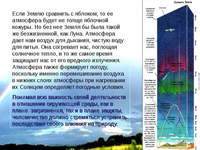 Если Землю сравнить с яблоком, то ее атмосфера будет не толще яблочной кожуры. Но без нее Земля бы была такой же безжизненной, как Луна. Атмосфера дает нам воздух для дыхания, чистую воду для питья. Она согревает нас, поглощая солнечное тепло, в то же самое время защищает нас от его вредного излучения. Атмосфера также формирует погоду, поскольку именно перемешивание воздуха в нижних слоях атмосферы при нагревании их Солнцем определяет погодные условия. Понимая всю важность своей деятельности в отношении окружающей среды, как в плане загрязнения, так и в плане защиты, человечество должно стремиться устранить последствия своего влияния на природу. 