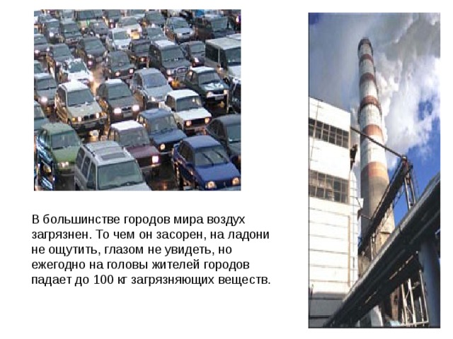 В большинстве городов мира воздух загрязнен. То чем он засорен, на ладони не ощутить, глазом не увидеть, но ежегодно на головы жителей городов падает до 100 кг загрязняющих веществ. 