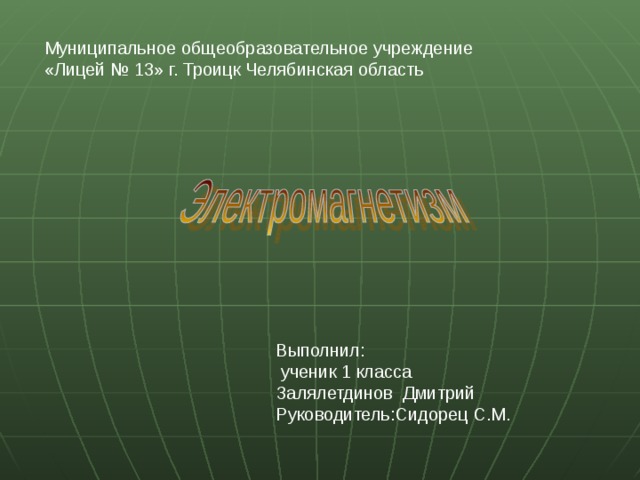 Муниципальное общеобразовательное учреждение «Лицей № 13» г. Троицк Челябинская область Выполнил:  ученик 1 класса Залялетдинов Дмитрий Руководитель:Сидорец С.М. 